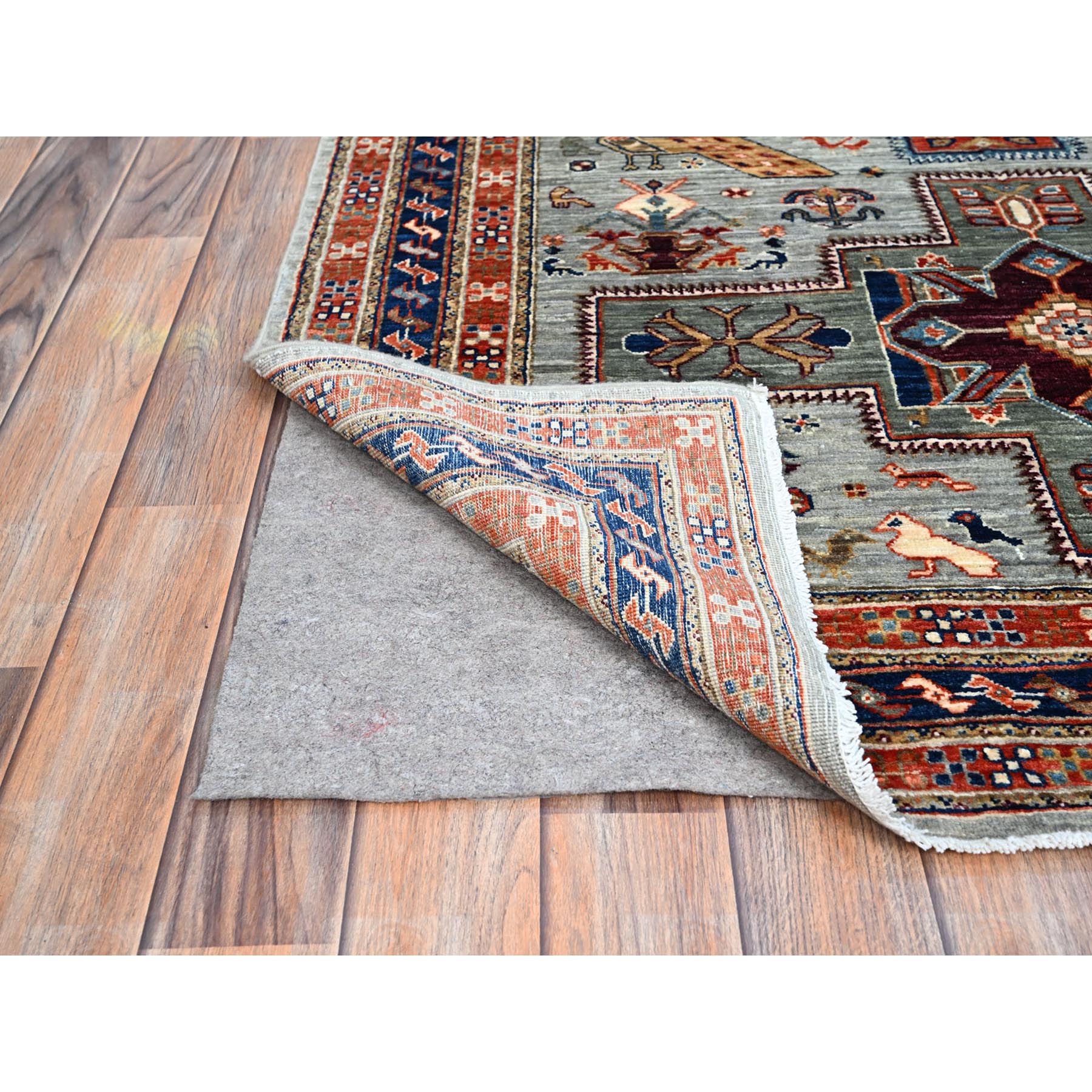 4'1"x9'10" Misty Gray, Natural Dyes, Hand Knotted Densely Woven, Pure Wool, Armenian Inspired Caucasian Design, 200 KPSI, Runner Oriental Rug HR146 - Image 3