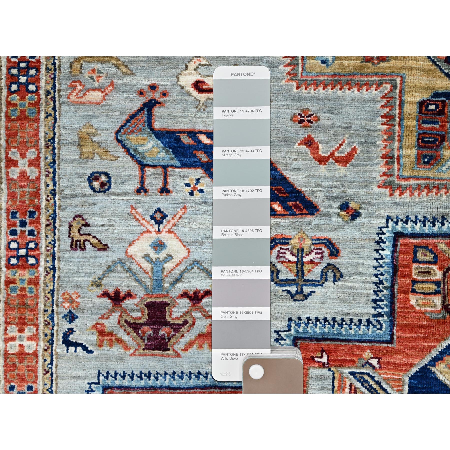 4'1"x9'10" Misty Gray, Natural Dyes, Hand Knotted Densely Woven, Pure Wool, Armenian Inspired Caucasian Design, 200 KPSI, Runner Oriental Rug HR146 - Image 4