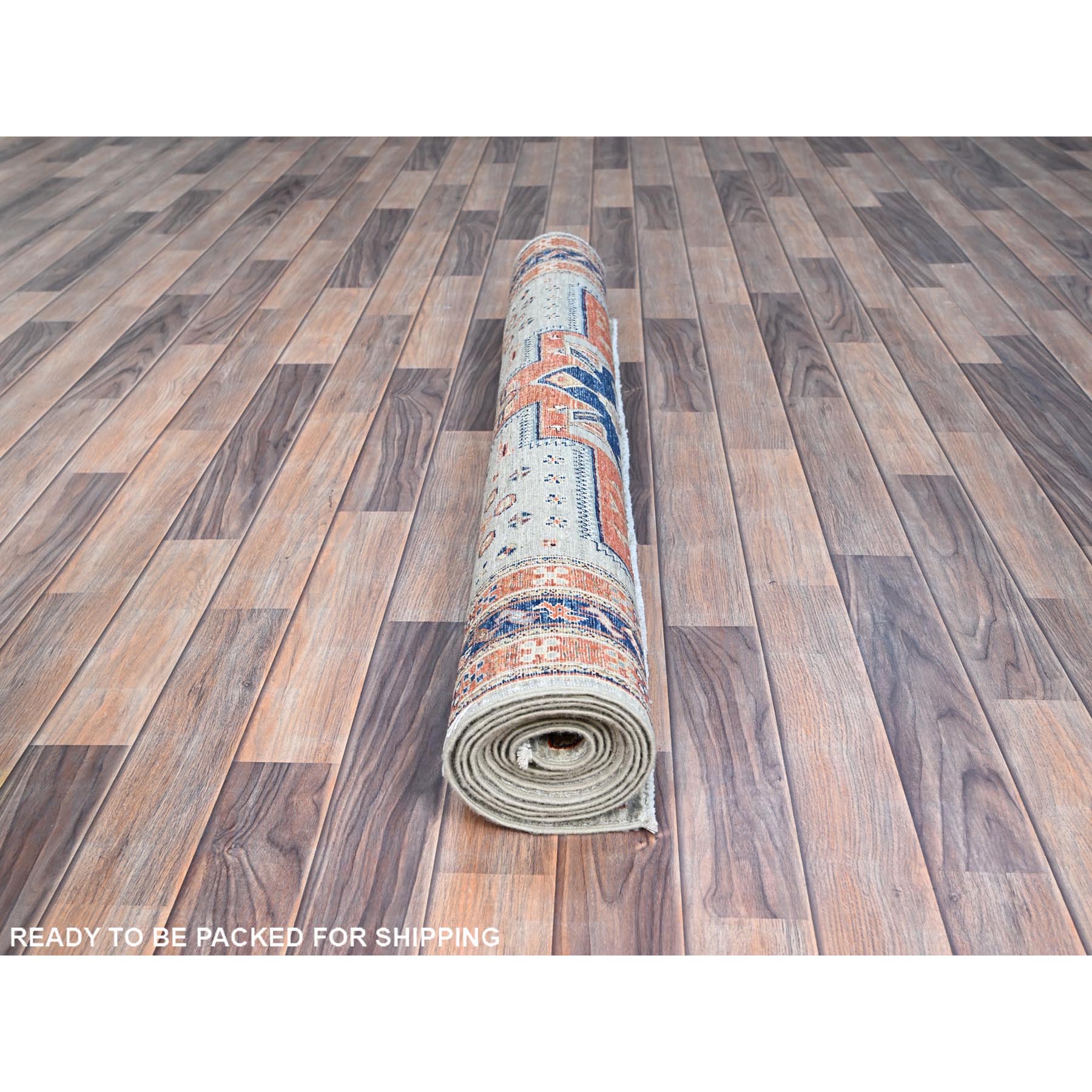 4'1"x9'10" Misty Gray, Natural Dyes, Hand Knotted Densely Woven, Pure Wool, Armenian Inspired Caucasian Design, 200 KPSI, Runner Oriental Rug HR146 - Image 5