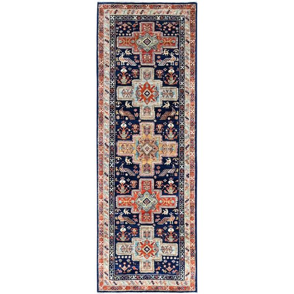 2'7"x7'9" Broncos Navy Blue, Runner, Armenian Inspired Caucasian Design, Pure And Soft Wool, Hand Knotted, Natural Dyes, Denser Weave, Small Bird Figurines, 200 KPSI, Oriental Rug HR154