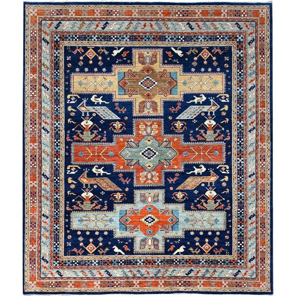 7'10"x9'4" Sailor Blue, Velvety Wool, Densely Woven, Small Bird Figurines, 200 KPSI, Hand Knotted, Natural Dyes, Armenian Inspired Caucasian Design, Oriental Rug HR156