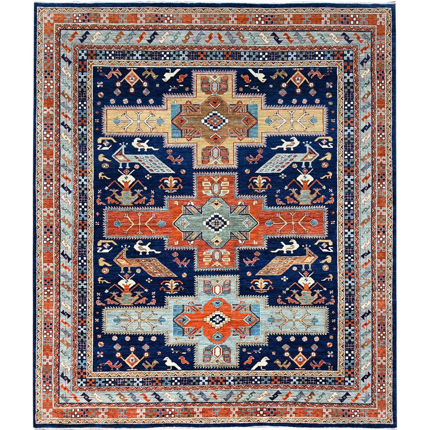 7'10"x9'4" Sailor Blue, Velvety Wool, Densely Woven, Small Bird Figurines, 200 KPSI, Hand Knotted, Natural Dyes, Armenian Inspired Caucasian Design, Oriental Rug HR156