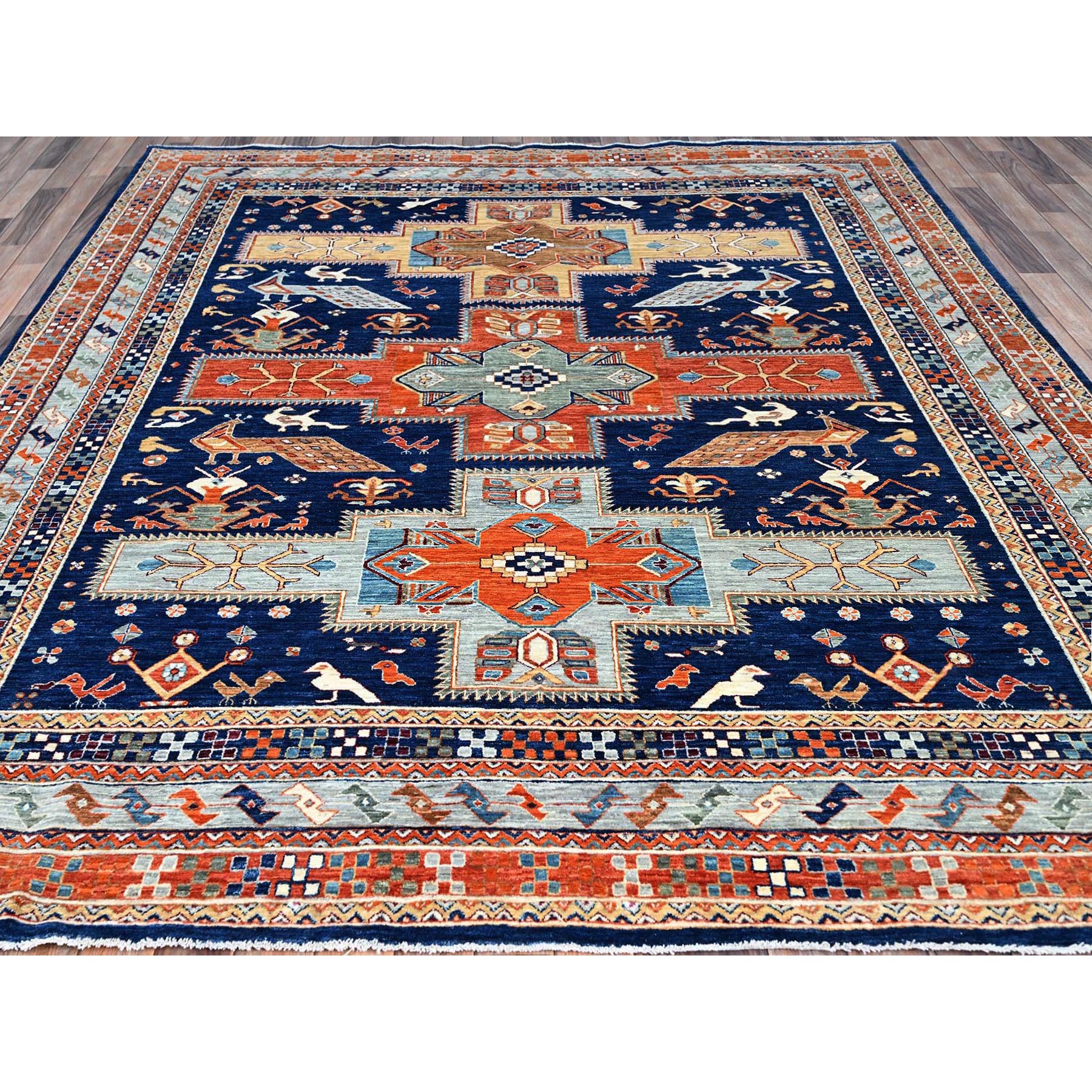 7'10"x9'4" Sailor Blue, Velvety Wool, Densely Woven, Small Bird Figurines, 200 KPSI, Hand Knotted, Natural Dyes, Armenian Inspired Caucasian Design, Oriental Rug HR156 - Image 3