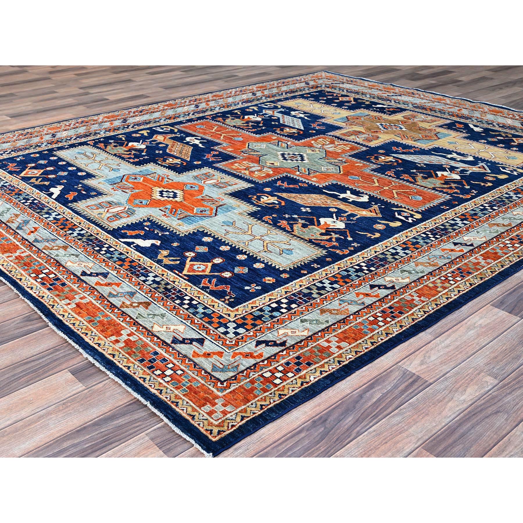 7'10"x9'4" Sailor Blue, Velvety Wool, Densely Woven, Small Bird Figurines, 200 KPSI, Hand Knotted, Natural Dyes, Armenian Inspired Caucasian Design, Oriental Rug HR156 - Image 4