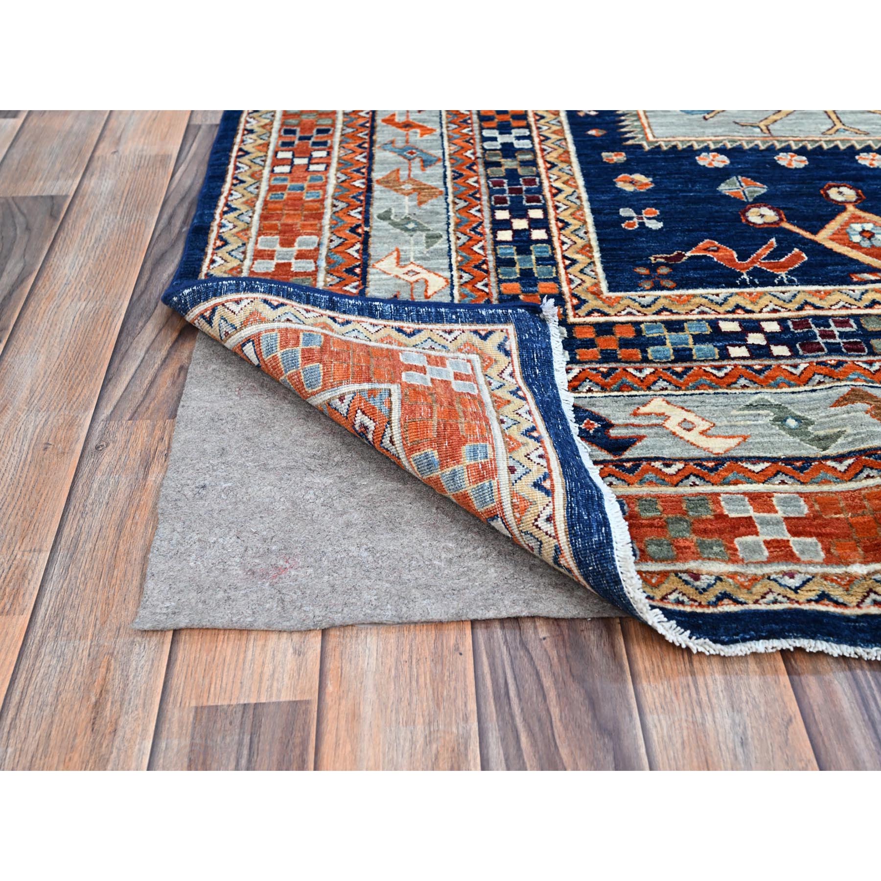 7'10"x9'4" Sailor Blue, Velvety Wool, Densely Woven, Small Bird Figurines, 200 KPSI, Hand Knotted, Natural Dyes, Armenian Inspired Caucasian Design, Oriental Rug HR156 - Image 5