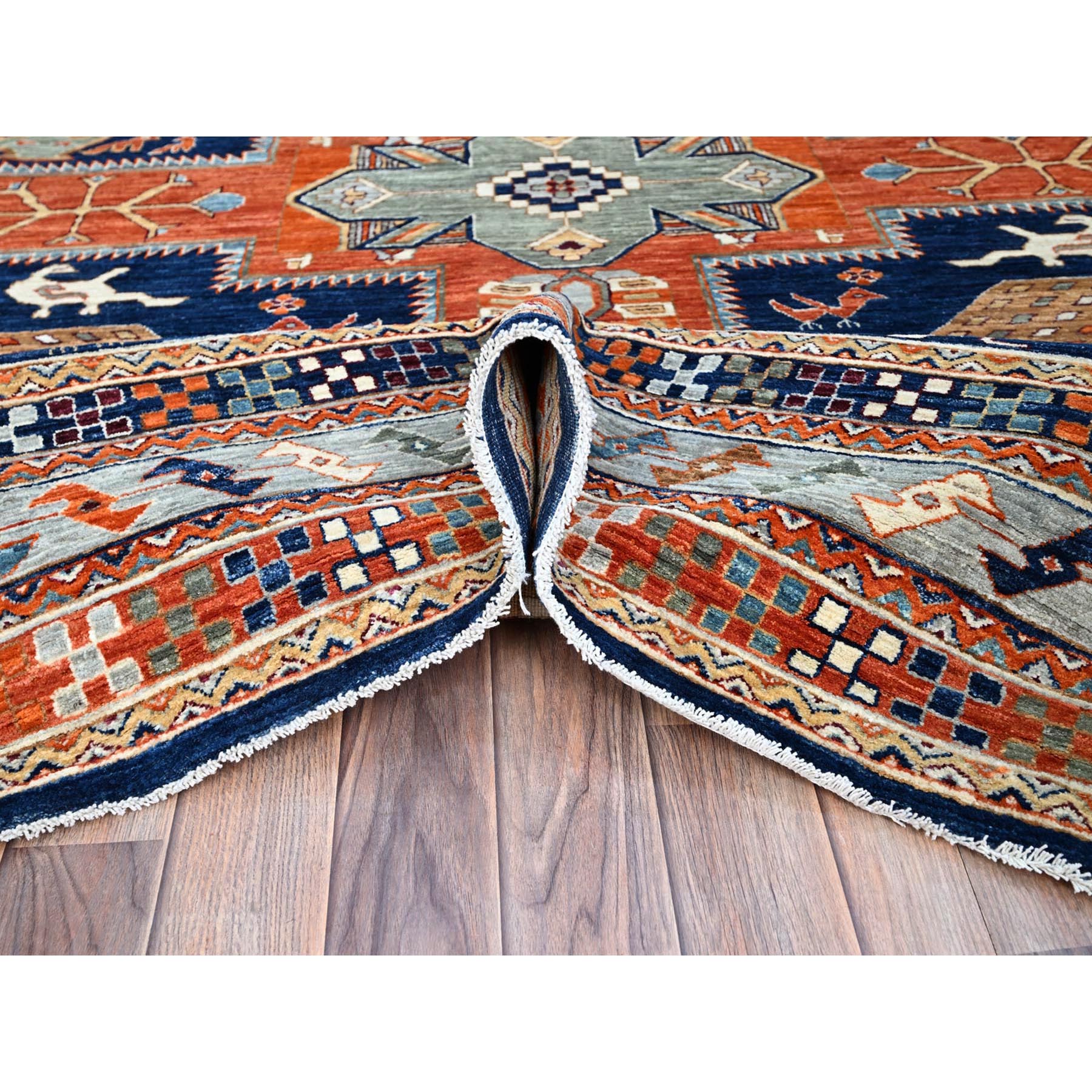 7'10"x9'4" Sailor Blue, Velvety Wool, Densely Woven, Small Bird Figurines, 200 KPSI, Hand Knotted, Natural Dyes, Armenian Inspired Caucasian Design, Oriental Rug HR156 - Image 6
