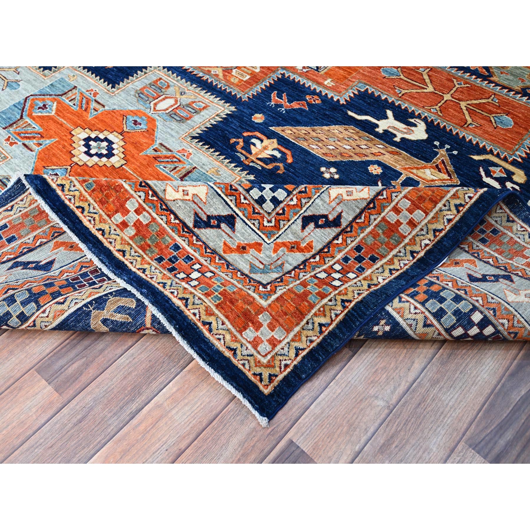 7'10"x9'4" Sailor Blue, Velvety Wool, Densely Woven, Small Bird Figurines, 200 KPSI, Hand Knotted, Natural Dyes, Armenian Inspired Caucasian Design, Oriental Rug HR156 - Image 7