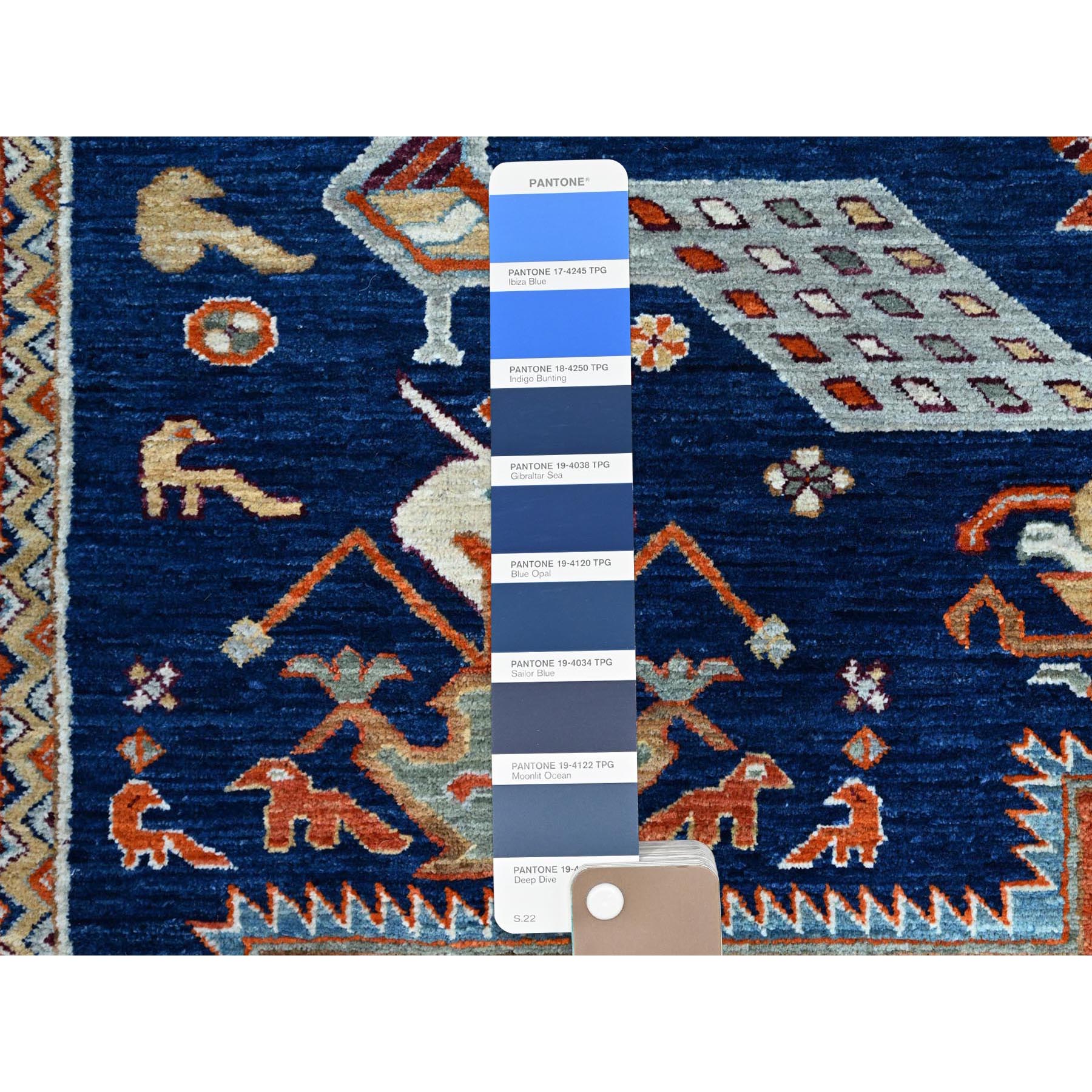 7'10"x9'4" Sailor Blue, Velvety Wool, Densely Woven, Small Bird Figurines, 200 KPSI, Hand Knotted, Natural Dyes, Armenian Inspired Caucasian Design, Oriental Rug HR156 - Image 8