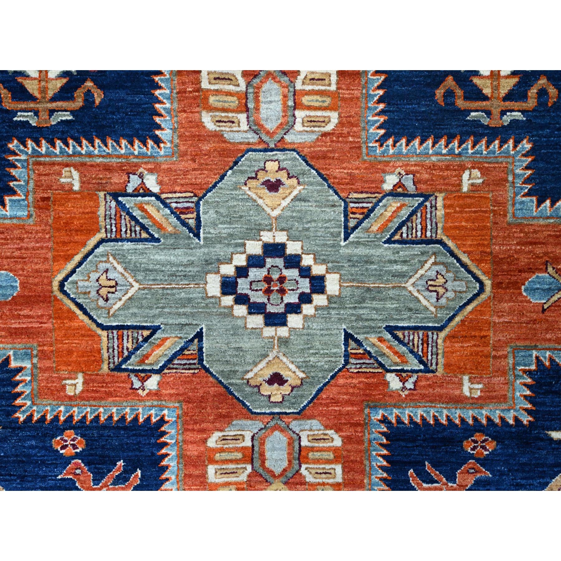 7'10"x9'4" Sailor Blue, Velvety Wool, Densely Woven, Small Bird Figurines, 200 KPSI, Hand Knotted, Natural Dyes, Armenian Inspired Caucasian Design, Oriental Rug HR156 - Image 9