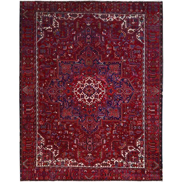 9'8"x12'7" Carmine Red, Sides And Ends Secured Professionally, Vintage Persian Heriz, Excellent Condition, Tribal Weave, All Natural Wool, Oriental Rug HR170