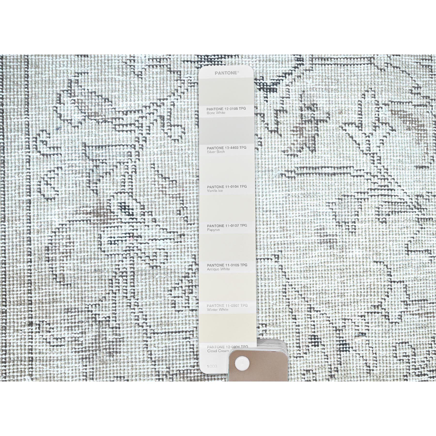 2'6"x10' Delicate White, Cropped Thin Fragment, Old Persian Tabriz Hand Knotted Pure Wool, Distressed Look, Evenly Worn, Sides and Ends Secured, Professionally Cleaned, White Wash Oriental Runner Rug HR223 - Image 4