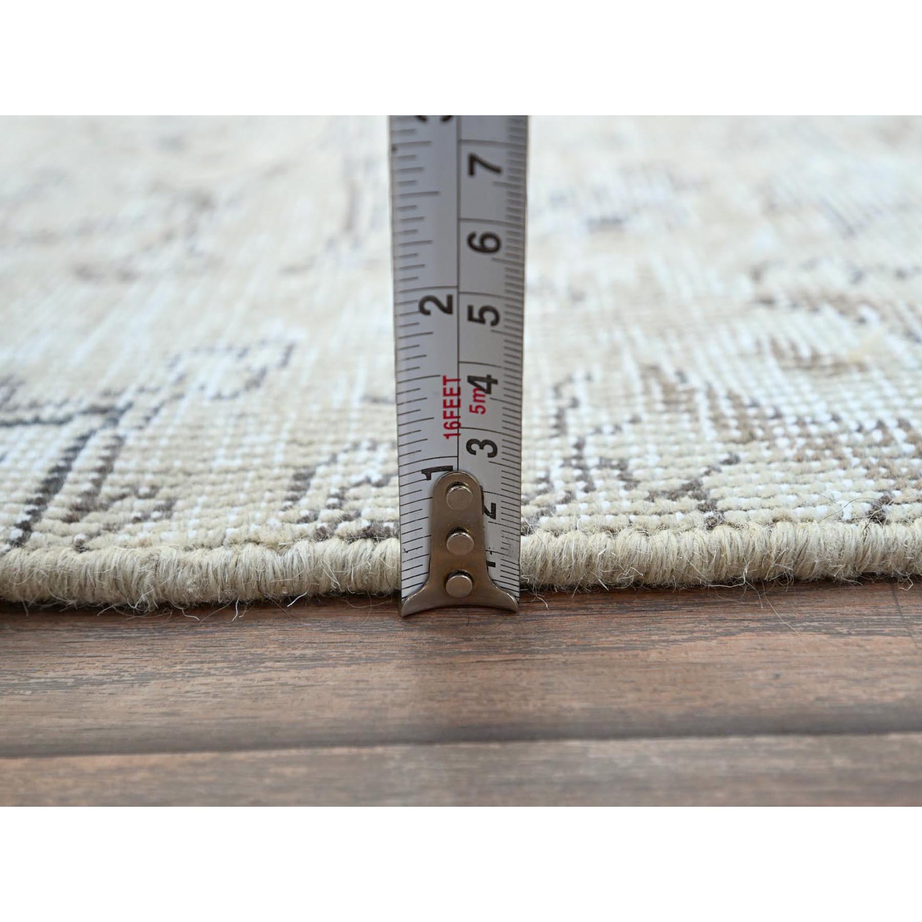 2'6"x10' Delicate White, Cropped Thin Fragment, Old Persian Tabriz Hand Knotted Pure Wool, Distressed Look, Evenly Worn, Sides and Ends Secured, Professionally Cleaned, White Wash Oriental Runner Rug HR223 - Image 6