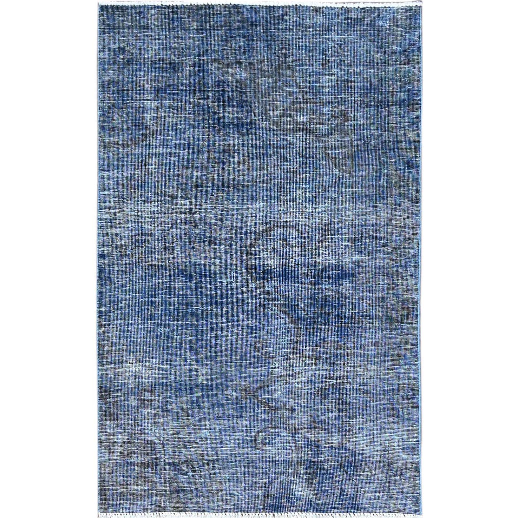 3'1"x5'1" Lichen Blue, Borderless, Sides and Ends Professionally Secured and Cleaned, Hand Knotted, Sheared Low, Abrash Distressed Wool Oriental Rug HR234