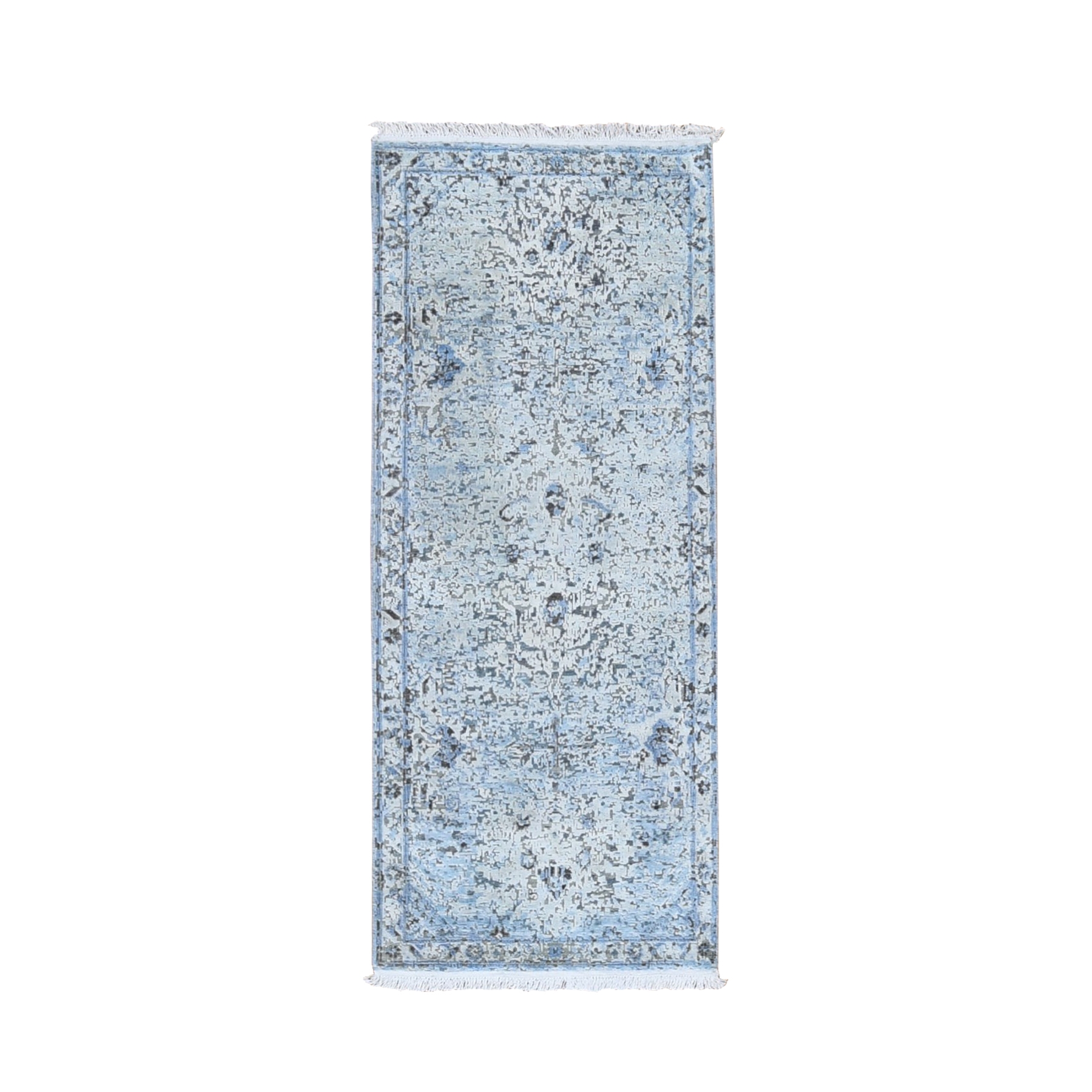 2'5"x5'10" Ivory Distressed Oushak Pure Silk with Textured Wool Hand Knotted Runner Oriental Rug HR59484
