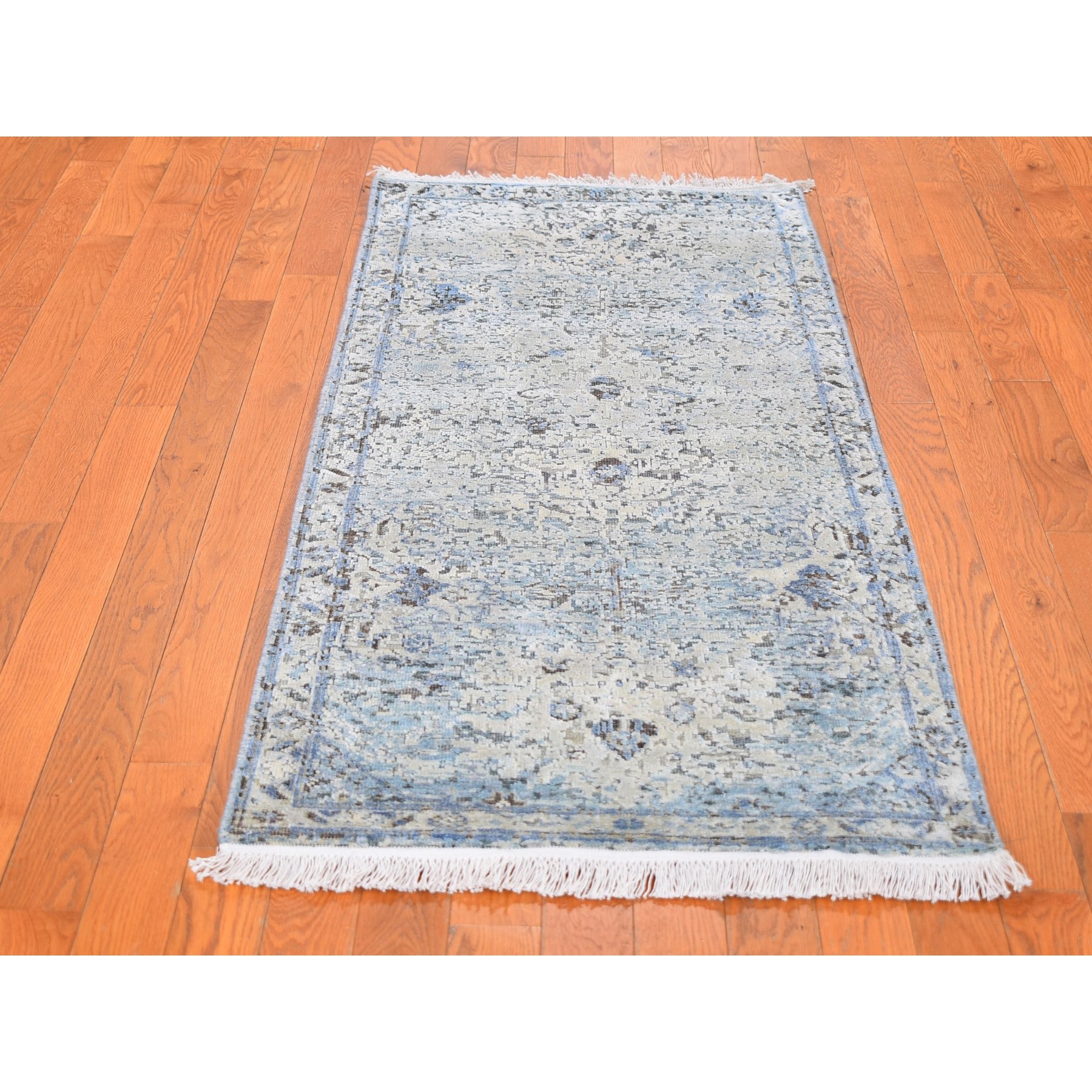 2'5"x5'10" Ivory Distressed Oushak Pure Silk with Textured Wool Hand Knotted Runner Oriental Rug HR59484 - Image 2