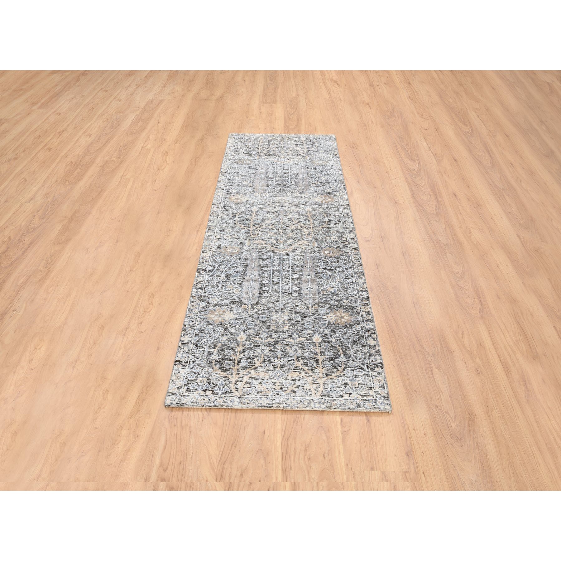 2'7"x8'3" Black and Silver, Willow and Cypress Tree Design, Silk with Textured Wool Hand Knotted, Runner Oriental Rug HR64422 - Image 2