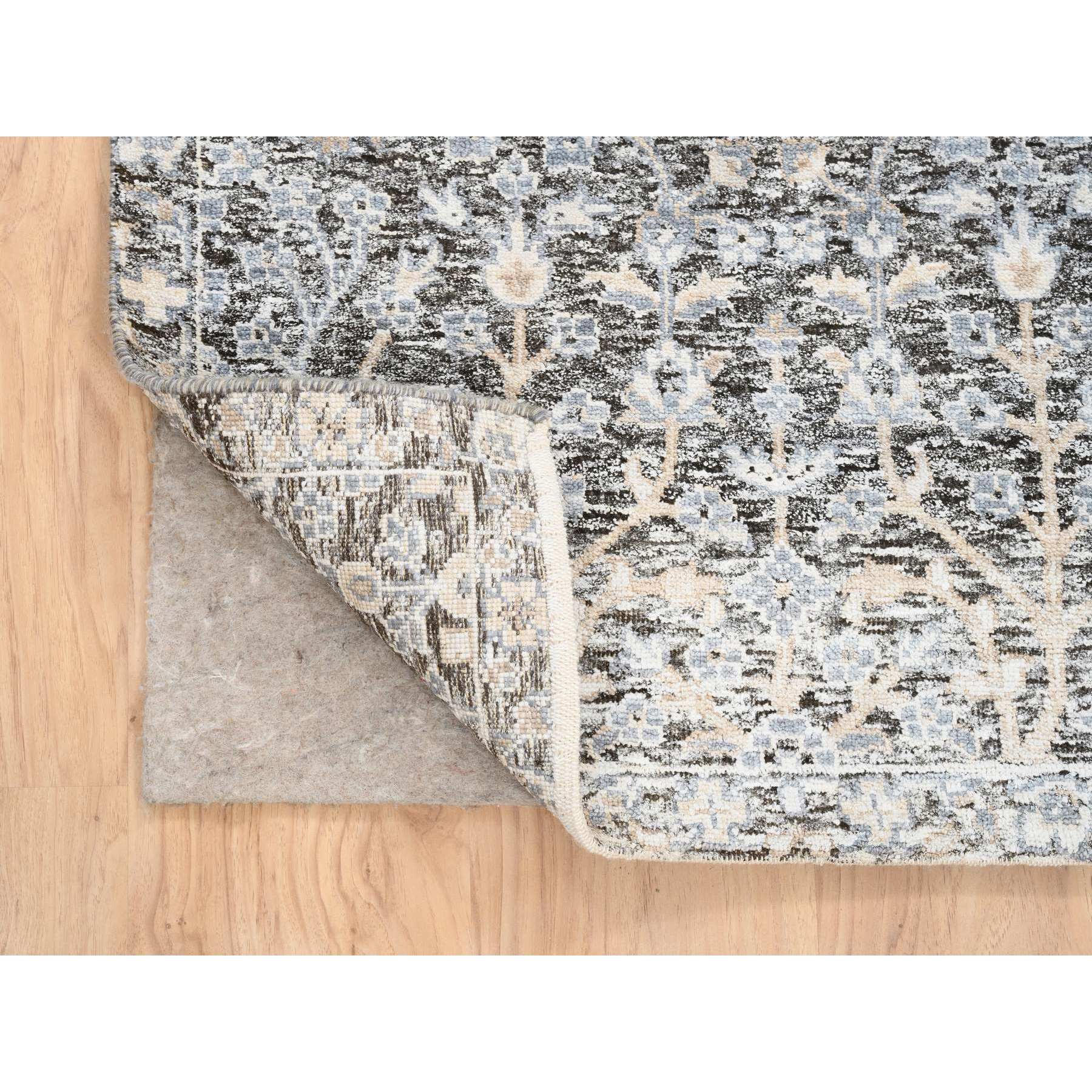 2'7"x8'3" Black and Silver, Willow and Cypress Tree Design, Silk with Textured Wool Hand Knotted, Runner Oriental Rug HR64422 - Image 3