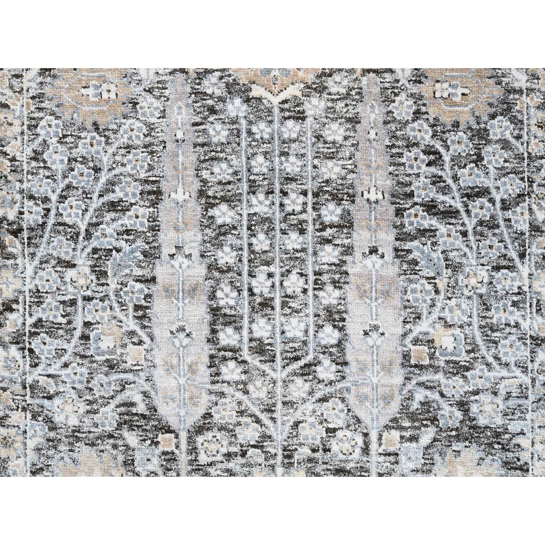 2'7"x8'3" Black and Silver, Willow and Cypress Tree Design, Silk with Textured Wool Hand Knotted, Runner Oriental Rug HR64422 - Image 5