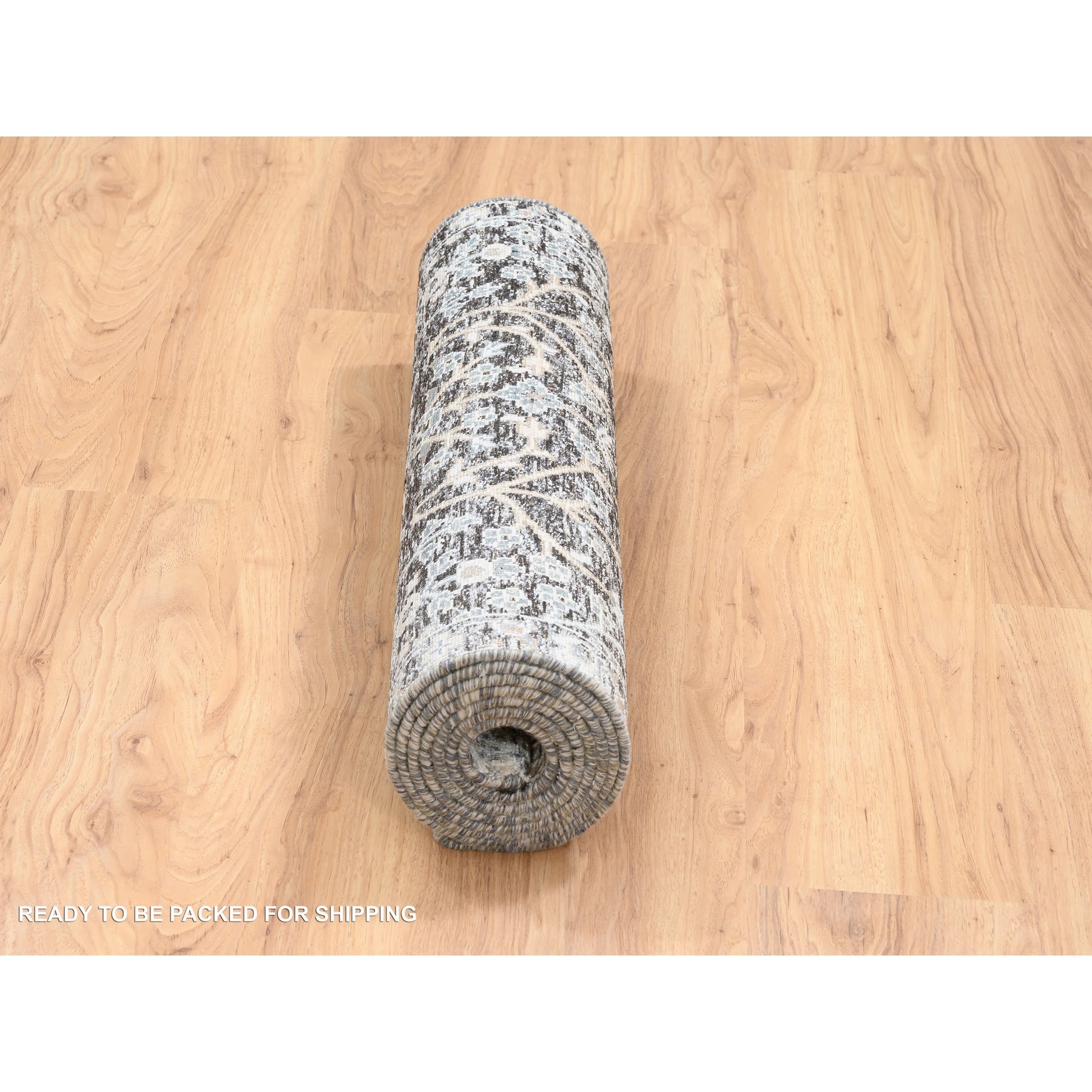 2'7"x8'3" Black and Silver, Willow and Cypress Tree Design, Silk with Textured Wool Hand Knotted, Runner Oriental Rug HR64422 - Image 6