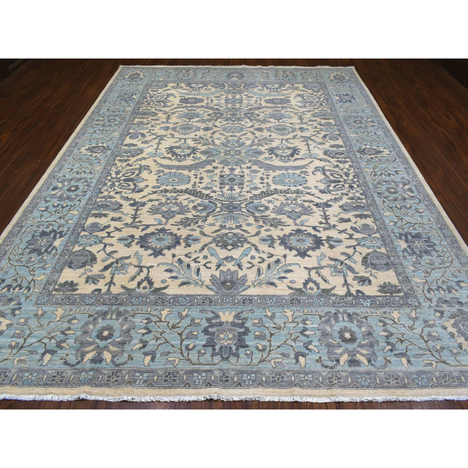 9'x11'10" Ivory Afghan Peshawar with All Over Motifs Organic Wool Hand Knotted Oriental Rug HR70317 - Image 3