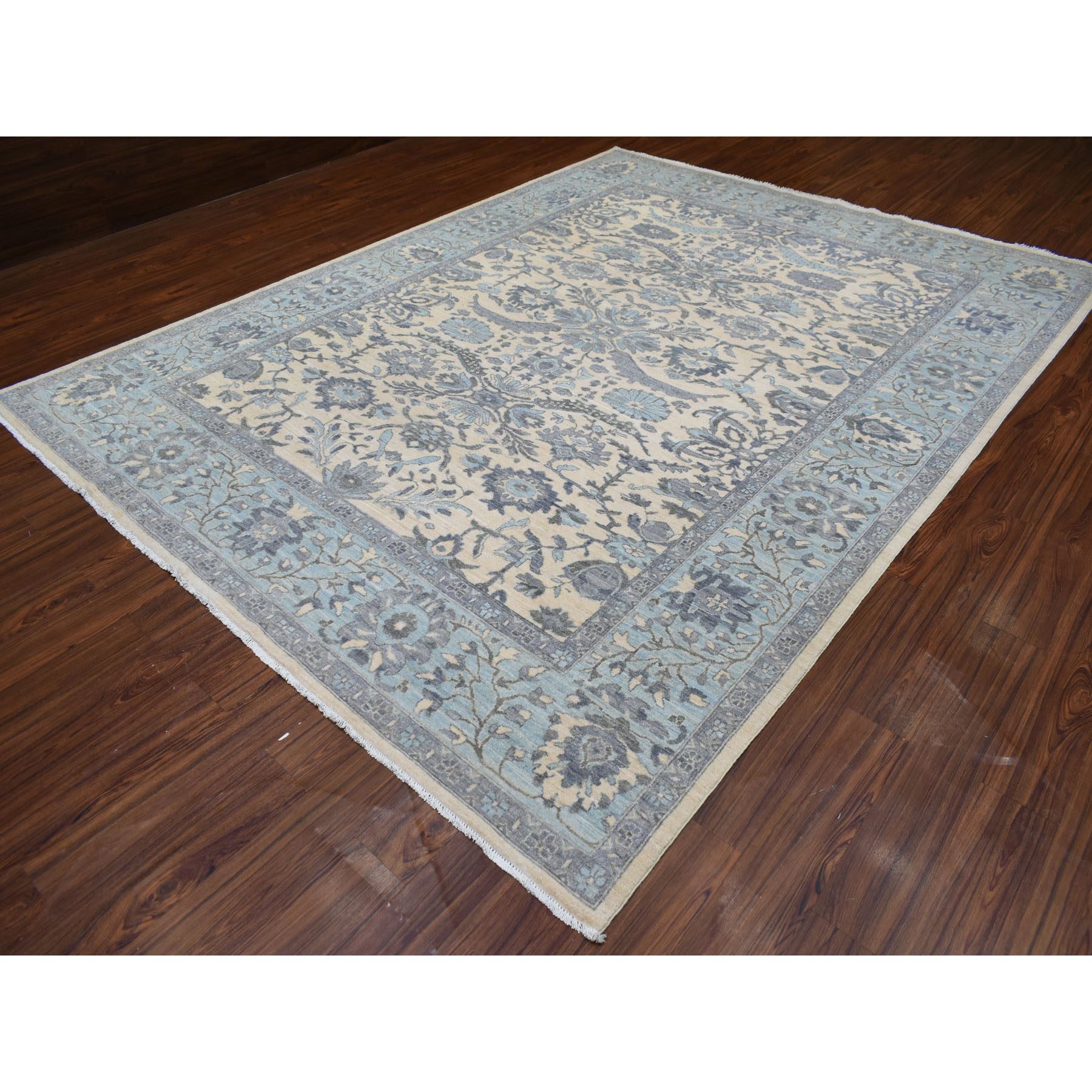 9'x11'10" Ivory Afghan Peshawar with All Over Motifs Organic Wool Hand Knotted Oriental Rug HR70317 - Image 4