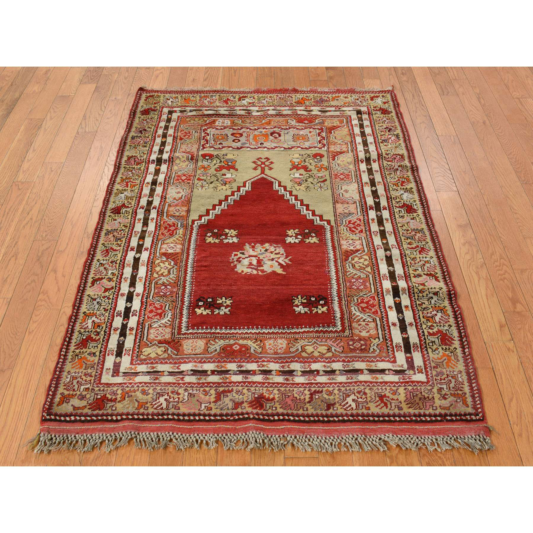 3'10"x5'4" Pompeain Red, Hand Knotted Antique Turkish Bergama Prayer Rug, In Mint Condition, Clean and Soft, Natural Wool Full Pile HR78203