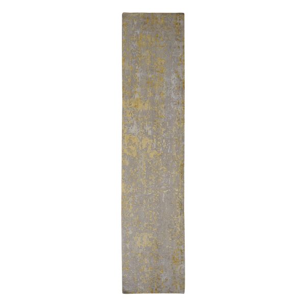 2'7"x11'9" Bone Brown and Gold, Abstract Design, Embossed Pile, Hi-Low Pile, Wool And Silk, Hand Knotted, Runner Oriental Rug HR78210