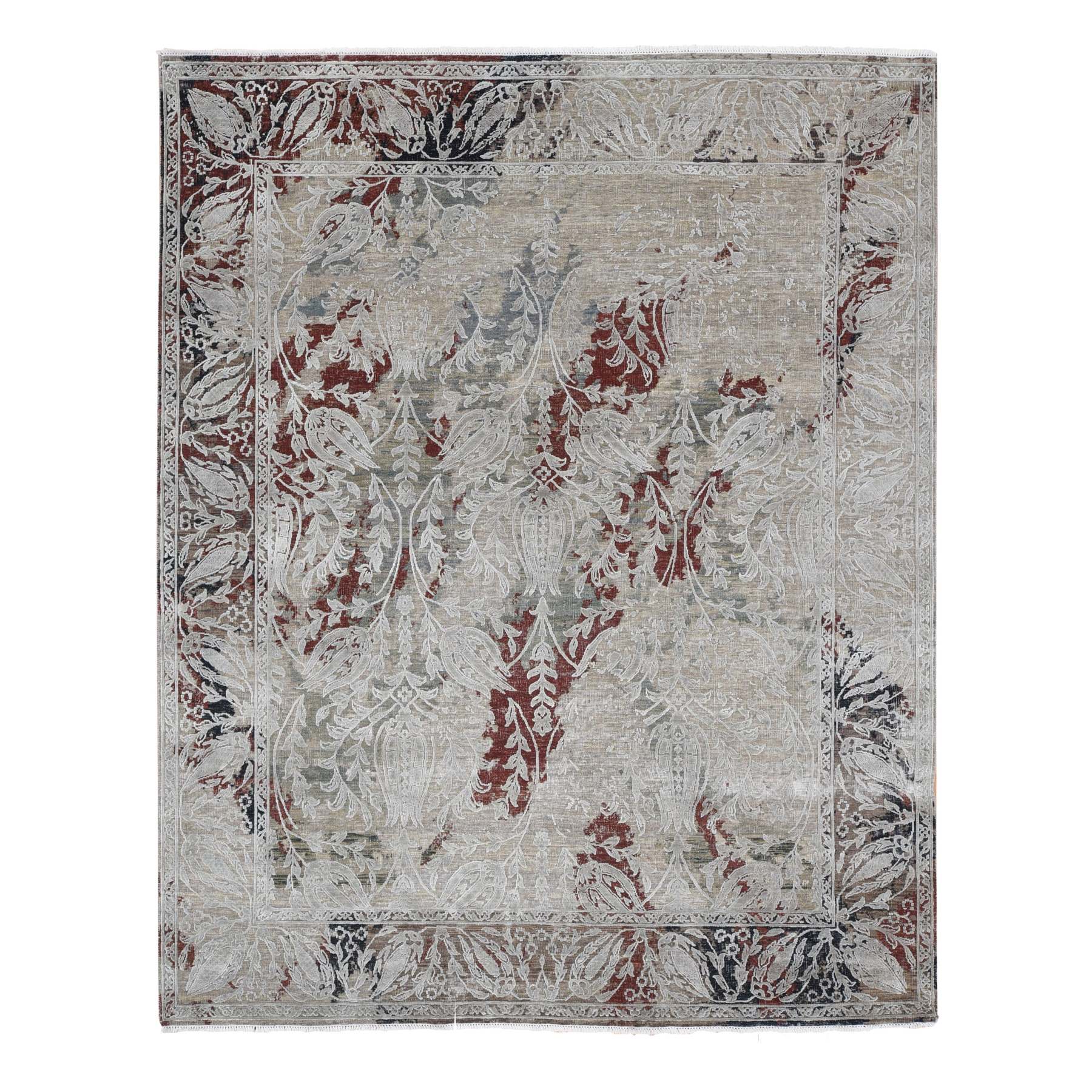 8'2"x10'3" Beige, Broken Tulip Design, Silk with Textured Wool, Hand Knotted Oriental Rug HR80394