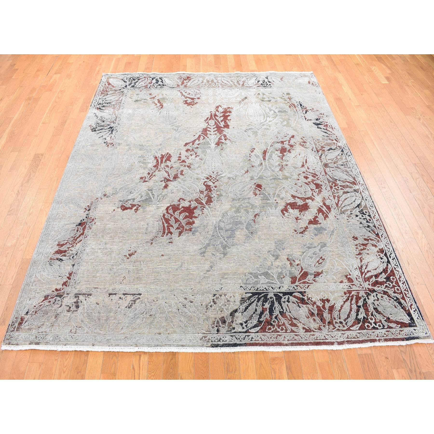 8'2"x10'3" Beige, Broken Tulip Design, Silk with Textured Wool, Hand Knotted Oriental Rug HR80394 - Image 3