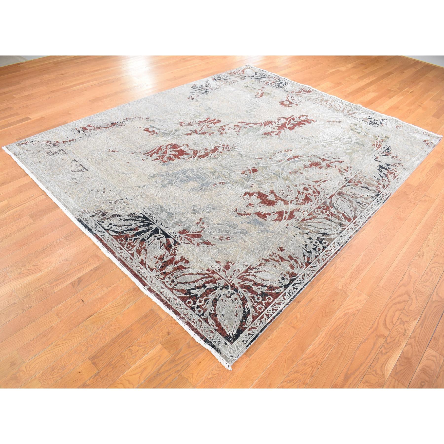 8'2"x10'3" Beige, Broken Tulip Design, Silk with Textured Wool, Hand Knotted Oriental Rug HR80394 - Image 4