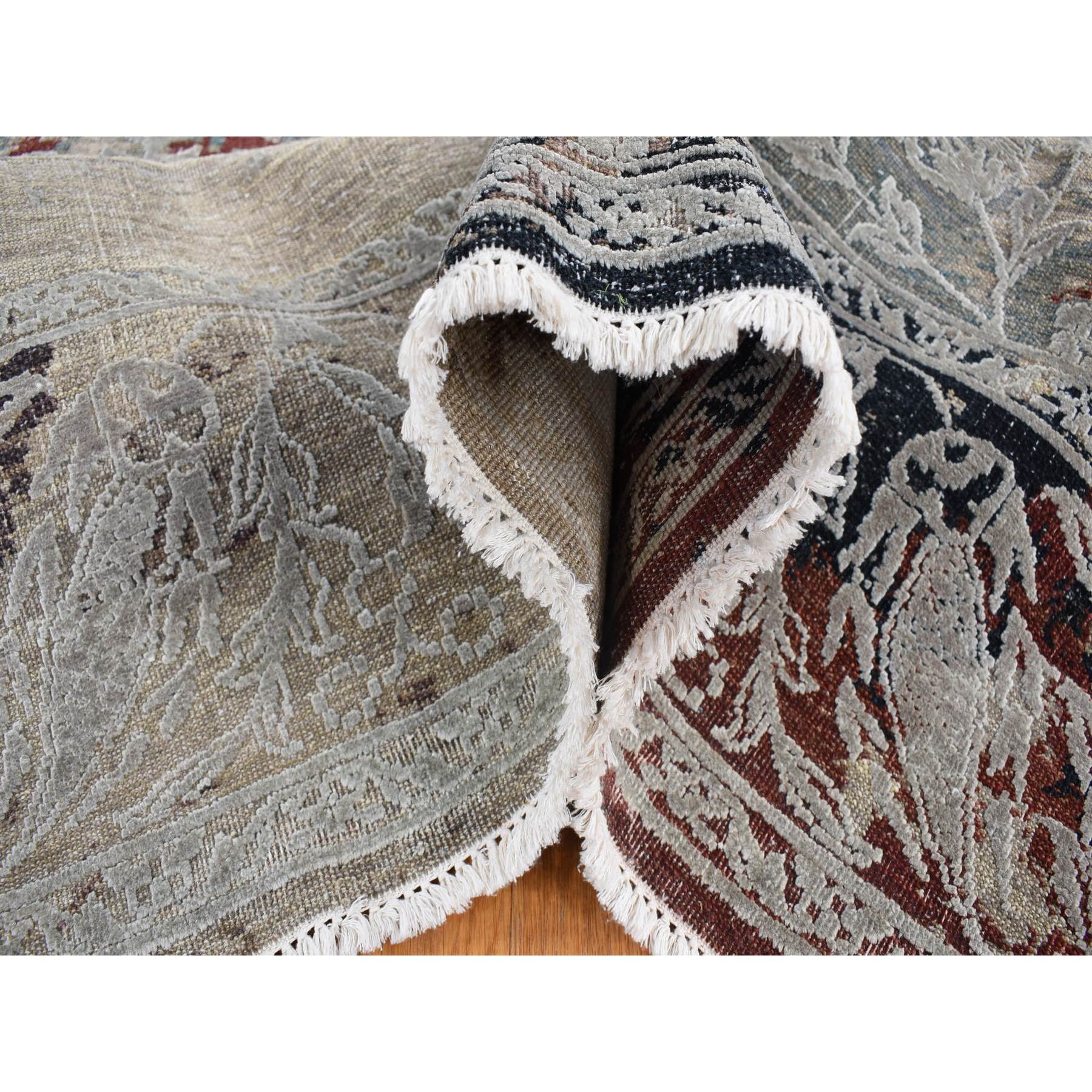8'2"x10'3" Beige, Broken Tulip Design, Silk with Textured Wool, Hand Knotted Oriental Rug HR80394 - Image 6