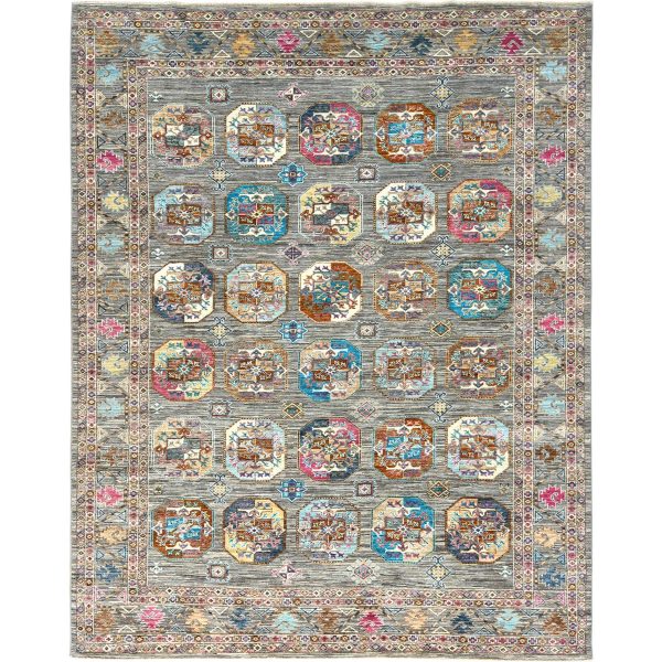 7'10"x10'1" Stone Gray, Dense Weave Soft Wool, Hand Knotted Afghan Super Kazak with Colorful Elephant Feet Ersari Design, Vegetable Dyes, Oriental Rug HR82297