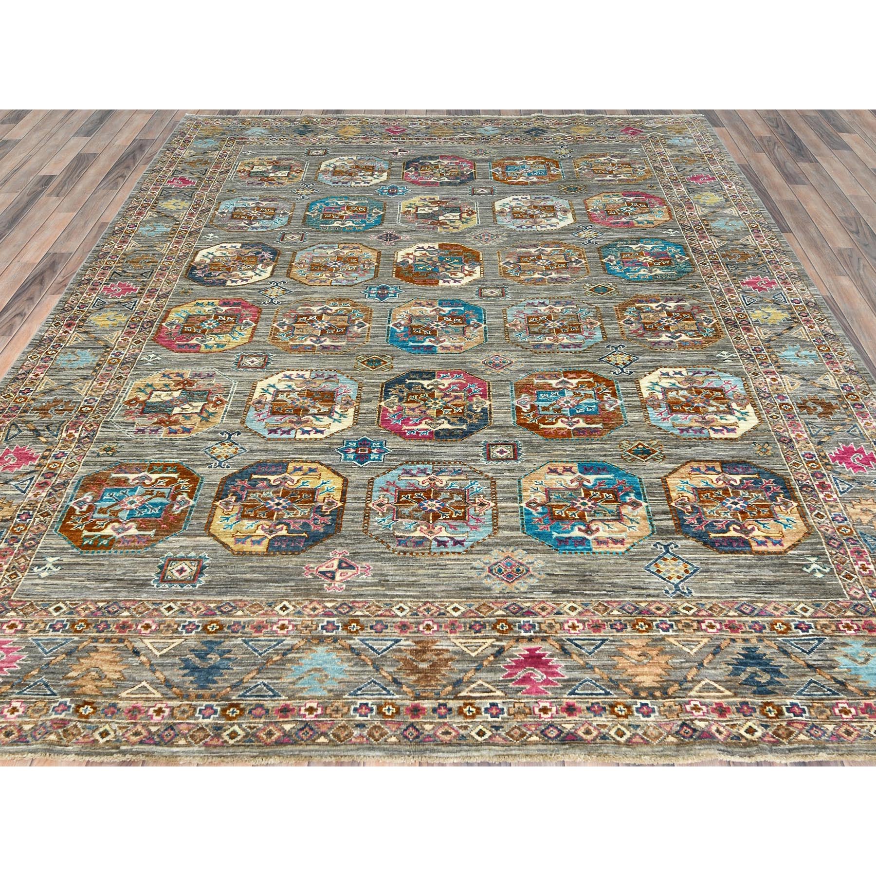 7'10"x10'1" Stone Gray, Dense Weave Soft Wool, Hand Knotted Afghan Super Kazak with Colorful Elephant Feet Ersari Design, Vegetable Dyes, Oriental Rug HR82297 - Image 3
