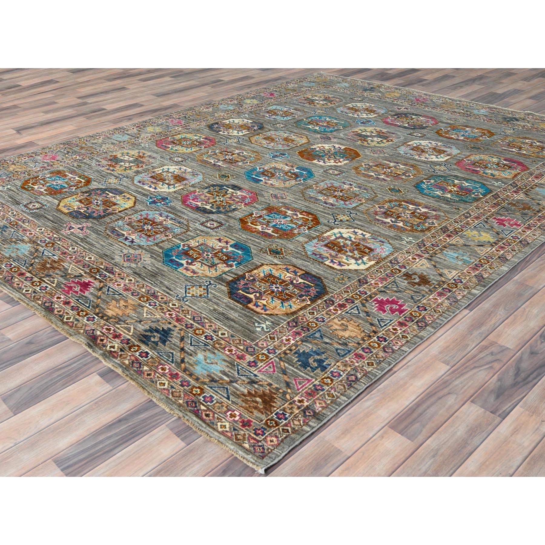 7'10"x10'1" Stone Gray, Dense Weave Soft Wool, Hand Knotted Afghan Super Kazak with Colorful Elephant Feet Ersari Design, Vegetable Dyes, Oriental Rug HR82297 - Image 4