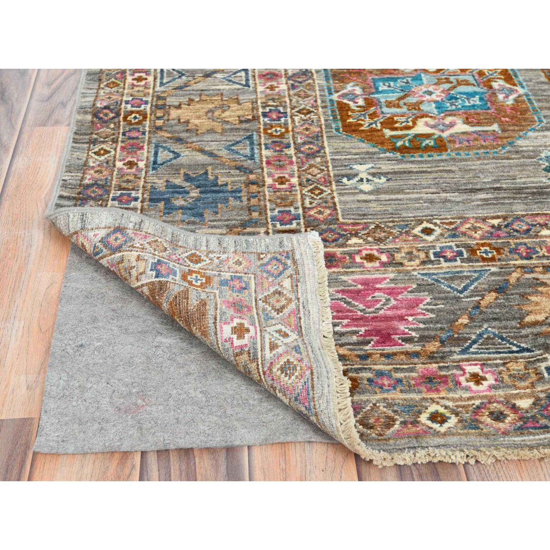 7'10"x10'1" Stone Gray, Dense Weave Soft Wool, Hand Knotted Afghan Super Kazak with Colorful Elephant Feet Ersari Design, Vegetable Dyes, Oriental Rug HR82297 - Image 5
