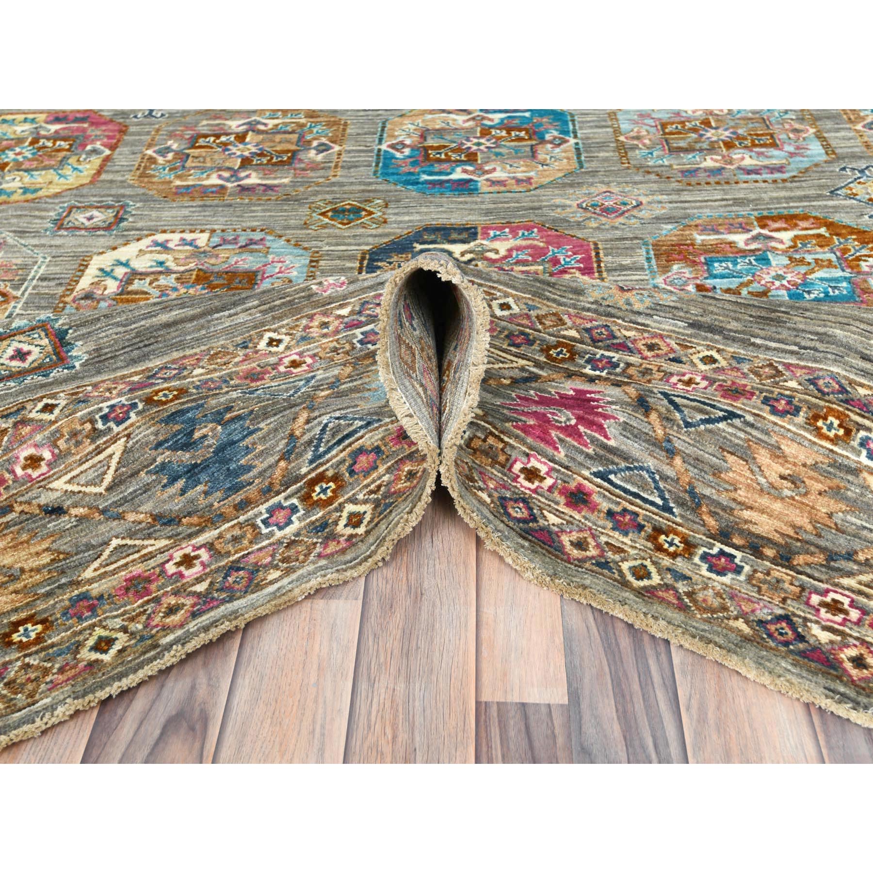 7'10"x10'1" Stone Gray, Dense Weave Soft Wool, Hand Knotted Afghan Super Kazak with Colorful Elephant Feet Ersari Design, Vegetable Dyes, Oriental Rug HR82297 - Image 6