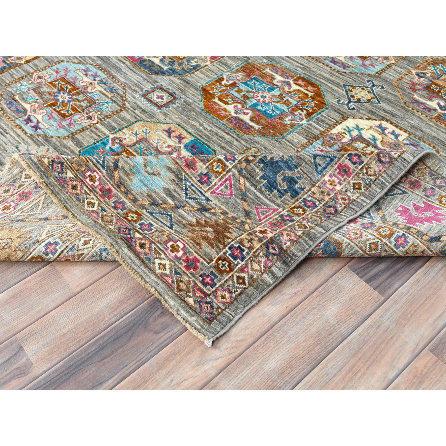 7'10"x10'1" Stone Gray, Dense Weave Soft Wool, Hand Knotted Afghan Super Kazak with Colorful Elephant Feet Ersari Design, Vegetable Dyes, Oriental Rug HR82297 - Image 7