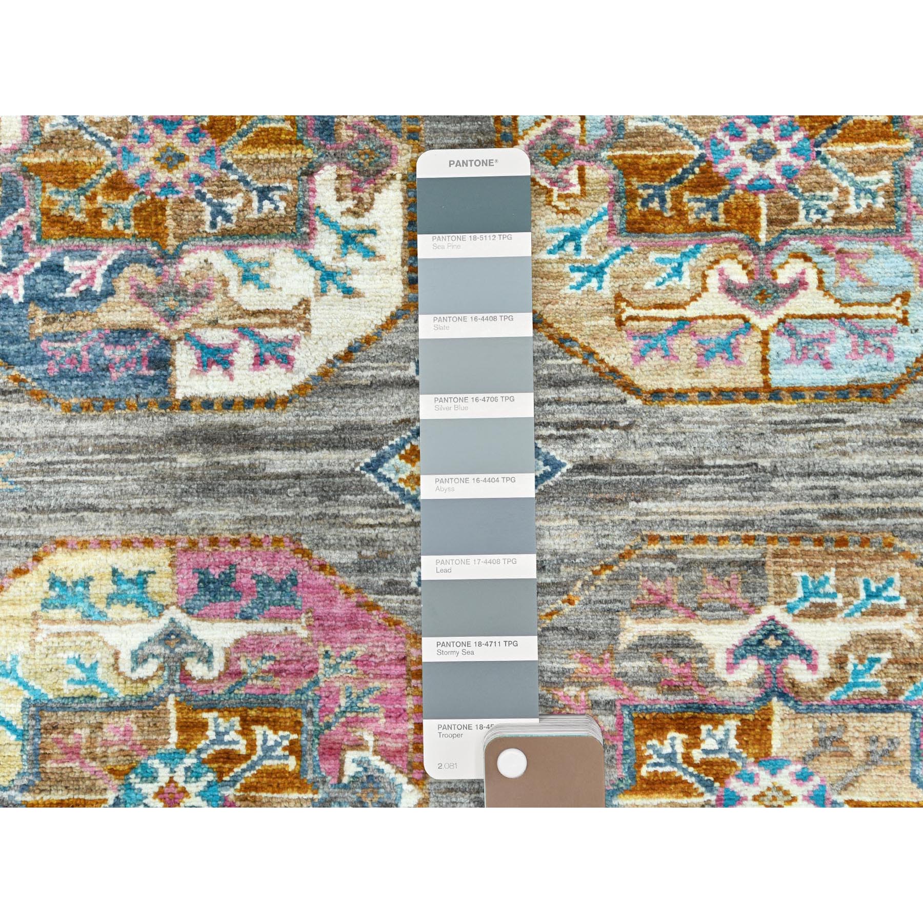7'10"x10'1" Stone Gray, Dense Weave Soft Wool, Hand Knotted Afghan Super Kazak with Colorful Elephant Feet Ersari Design, Vegetable Dyes, Oriental Rug HR82297 - Image 8
