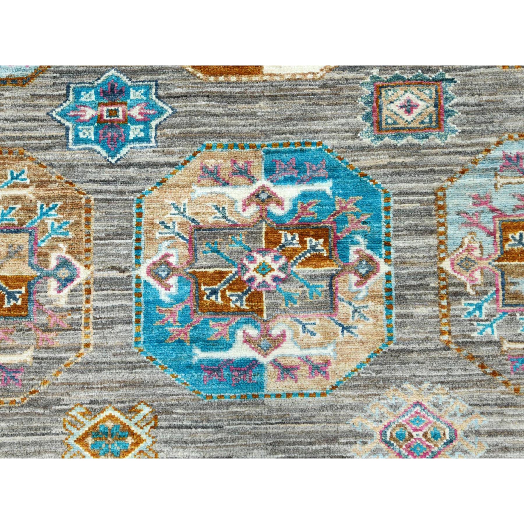7'10"x10'1" Stone Gray, Dense Weave Soft Wool, Hand Knotted Afghan Super Kazak with Colorful Elephant Feet Ersari Design, Vegetable Dyes, Oriental Rug HR82297 - Image 9