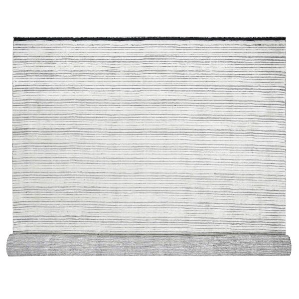 12'1"x15'1" Black and Ivory, Modern Textured and Variegated Line Design, Wool and Plant Based Silk, Hand Loomed, Oversized Oriental Rug HR84168