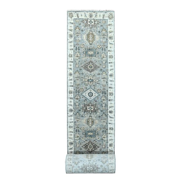 2'8"x27'9" Rock Ridge Gray With Alabaster White Border, Soft Pile and Velvety Wool, Natural Dyes, Hand Knotted Karajeh Geometric Design, Oriental XL Runner Rug  HR84982
