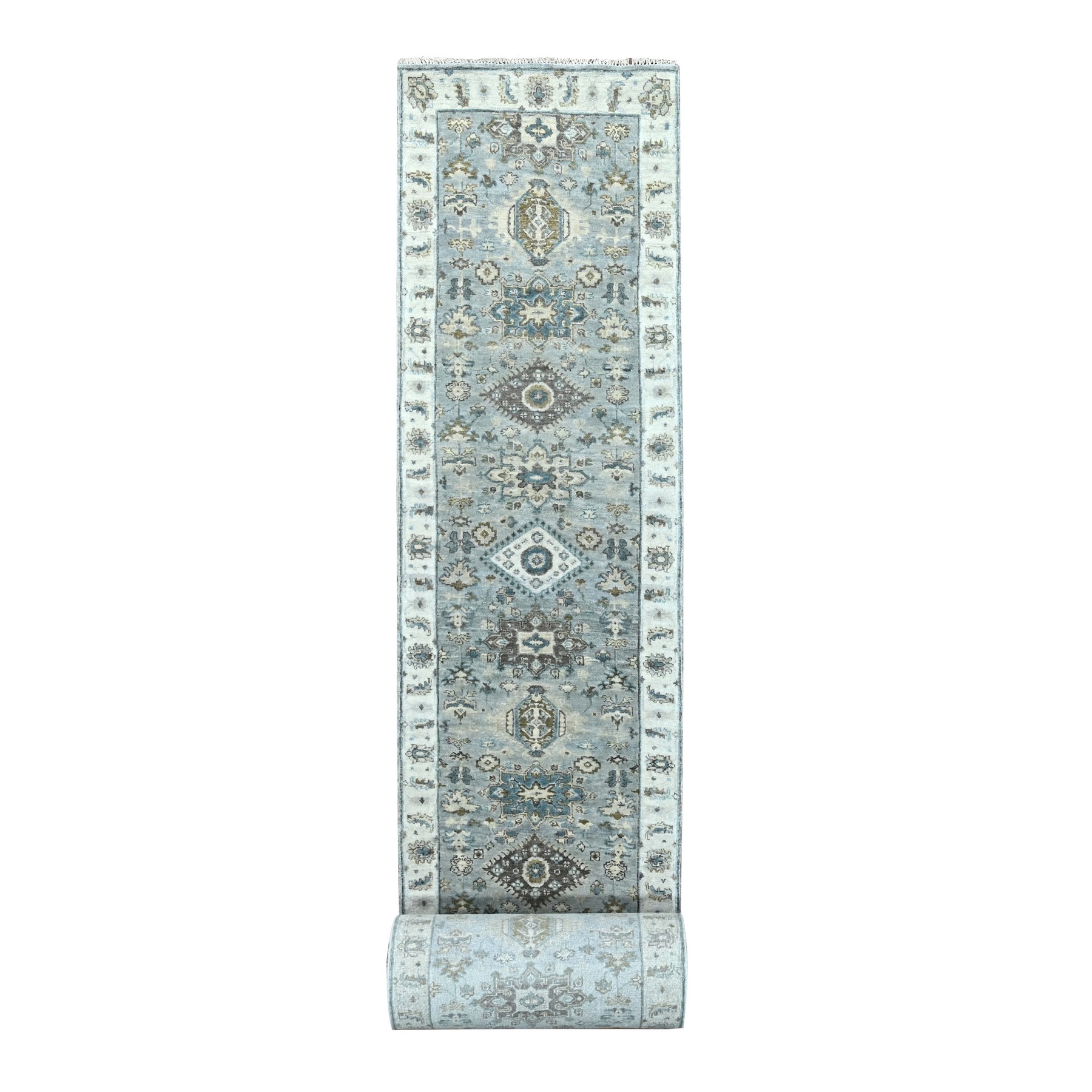 2'8"x27'9" Rock Ridge Gray With Alabaster White Border, Soft Pile and Velvety Wool, Natural Dyes, Hand Knotted Karajeh Geometric Design, Oriental XL Runner Rug HR84982