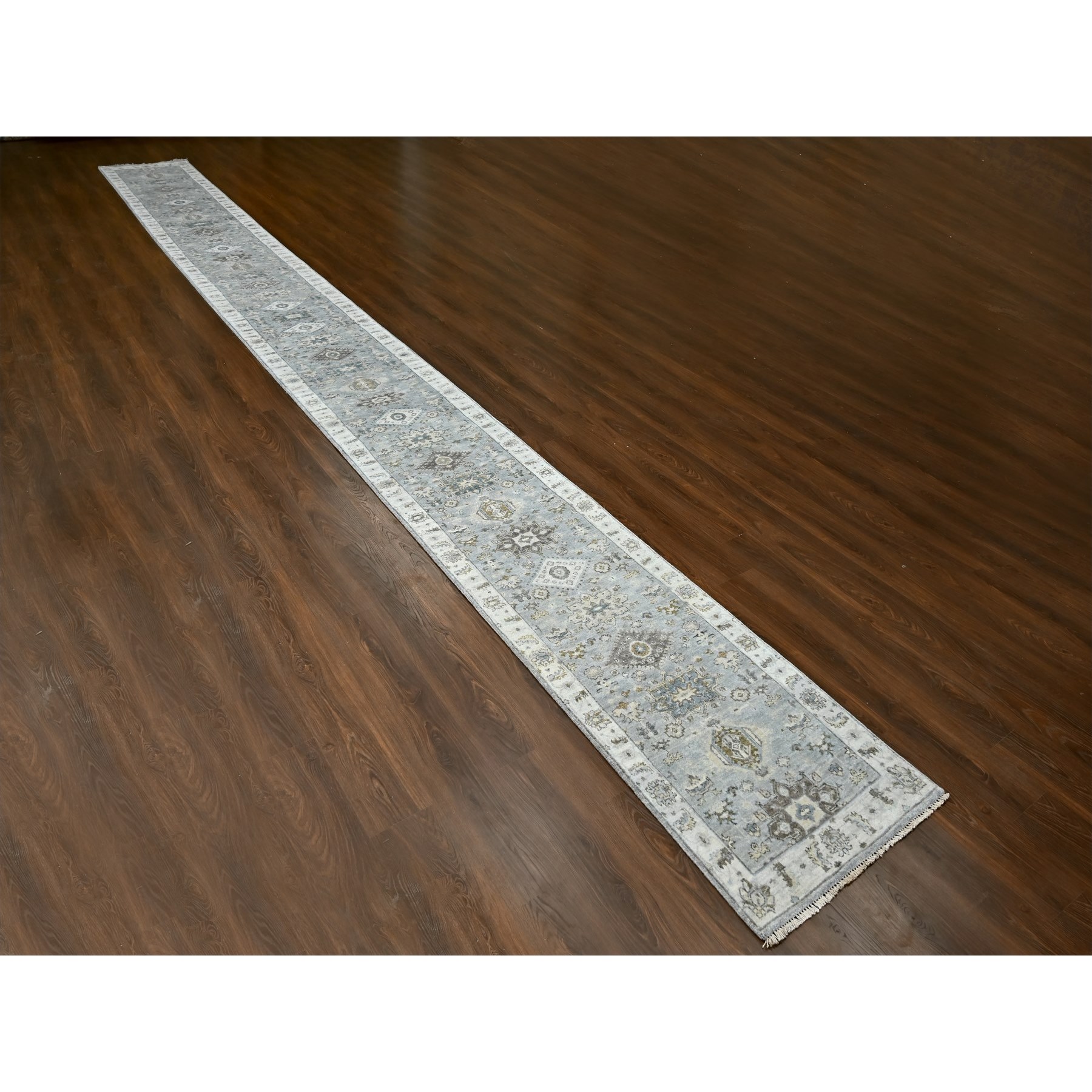 2'8"x27'9" Rock Ridge Gray With Alabaster White Border, Soft Pile and Velvety Wool, Natural Dyes, Hand Knotted Karajeh Geometric Design, Oriental XL Runner Rug HR84982 - Image 2