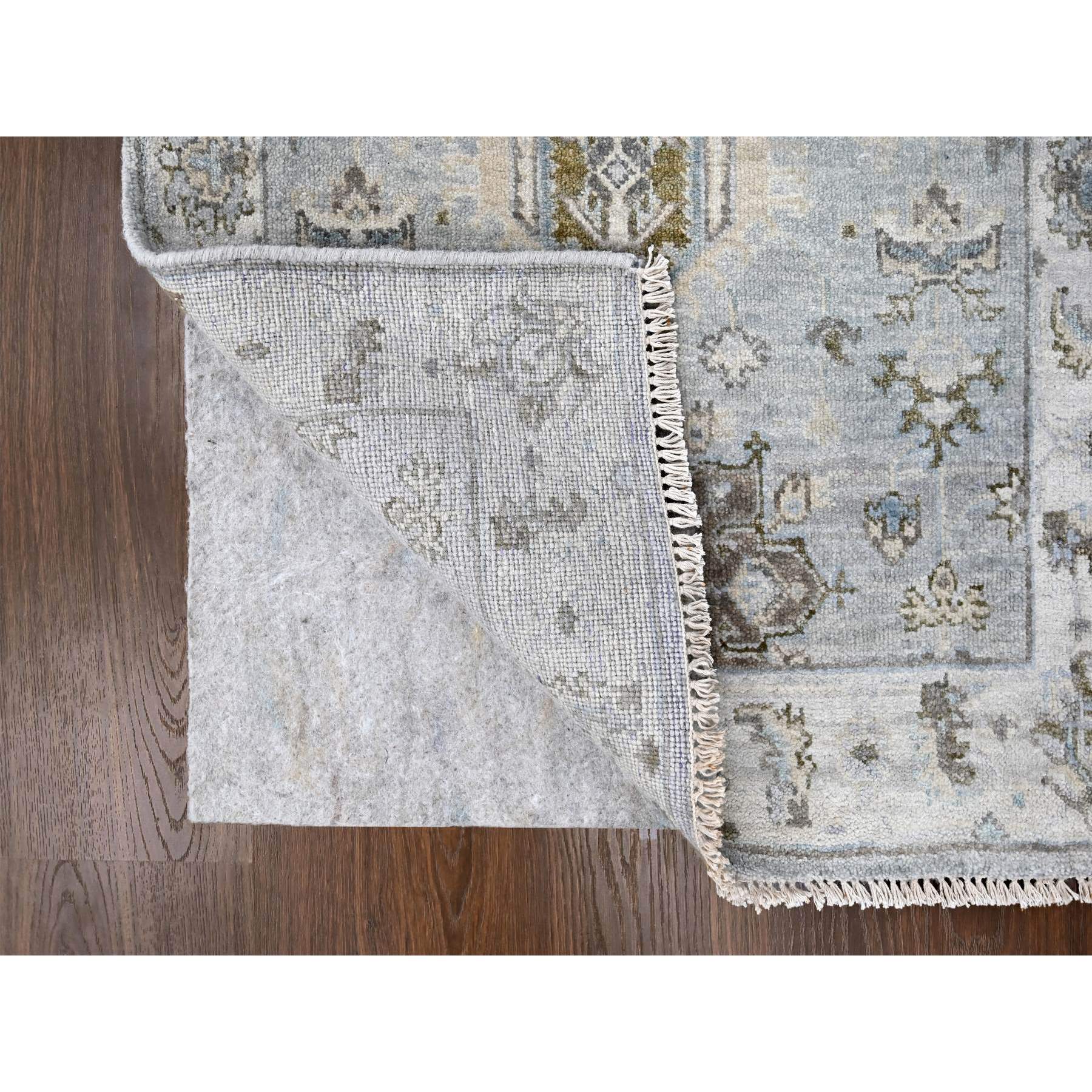 2'8"x27'9" Rock Ridge Gray With Alabaster White Border, Soft Pile and Velvety Wool, Natural Dyes, Hand Knotted Karajeh Geometric Design, Oriental XL Runner Rug HR84982 - Image 3