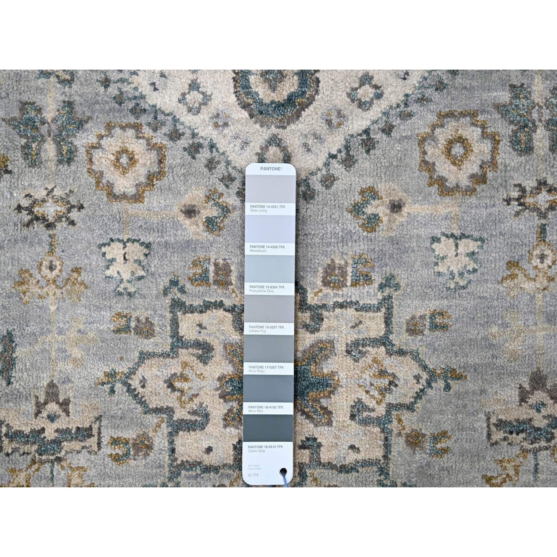2'8"x27'9" Rock Ridge Gray With Alabaster White Border, Soft Pile and Velvety Wool, Natural Dyes, Hand Knotted Karajeh Geometric Design, Oriental XL Runner Rug HR84982 - Image 4