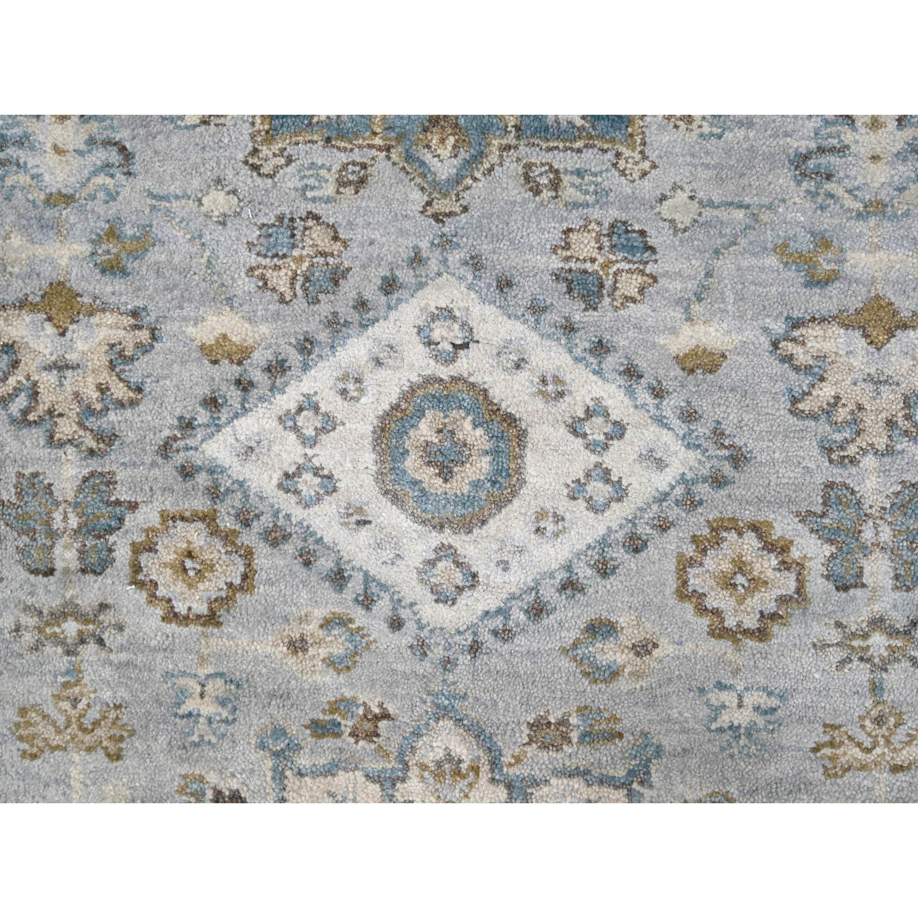 2'8"x27'9" Rock Ridge Gray With Alabaster White Border, Soft Pile and Velvety Wool, Natural Dyes, Hand Knotted Karajeh Geometric Design, Oriental XL Runner Rug HR84982 - Image 5