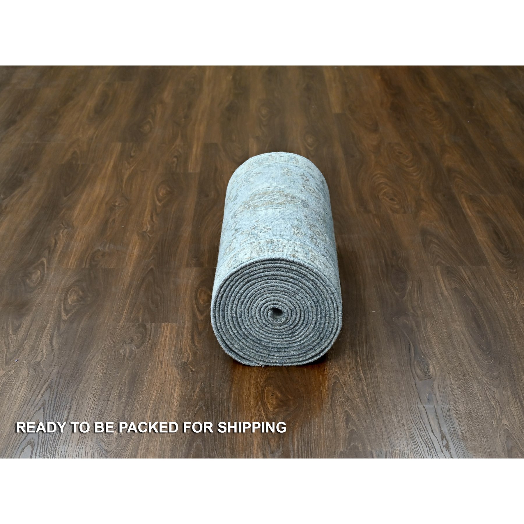 2'8"x27'9" Rock Ridge Gray With Alabaster White Border, Soft Pile and Velvety Wool, Natural Dyes, Hand Knotted Karajeh Geometric Design, Oriental XL Runner Rug HR84982 - Image 6