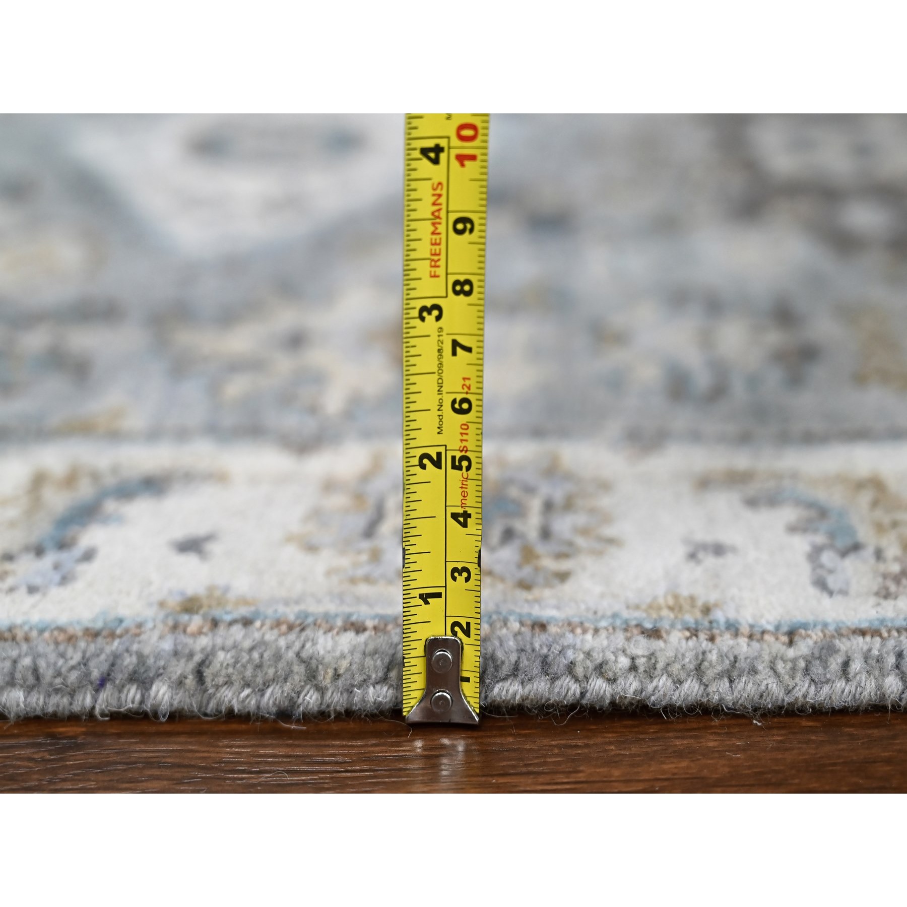 2'8"x27'9" Rock Ridge Gray With Alabaster White Border, Soft Pile and Velvety Wool, Natural Dyes, Hand Knotted Karajeh Geometric Design, Oriental XL Runner Rug HR84982 - Image 7