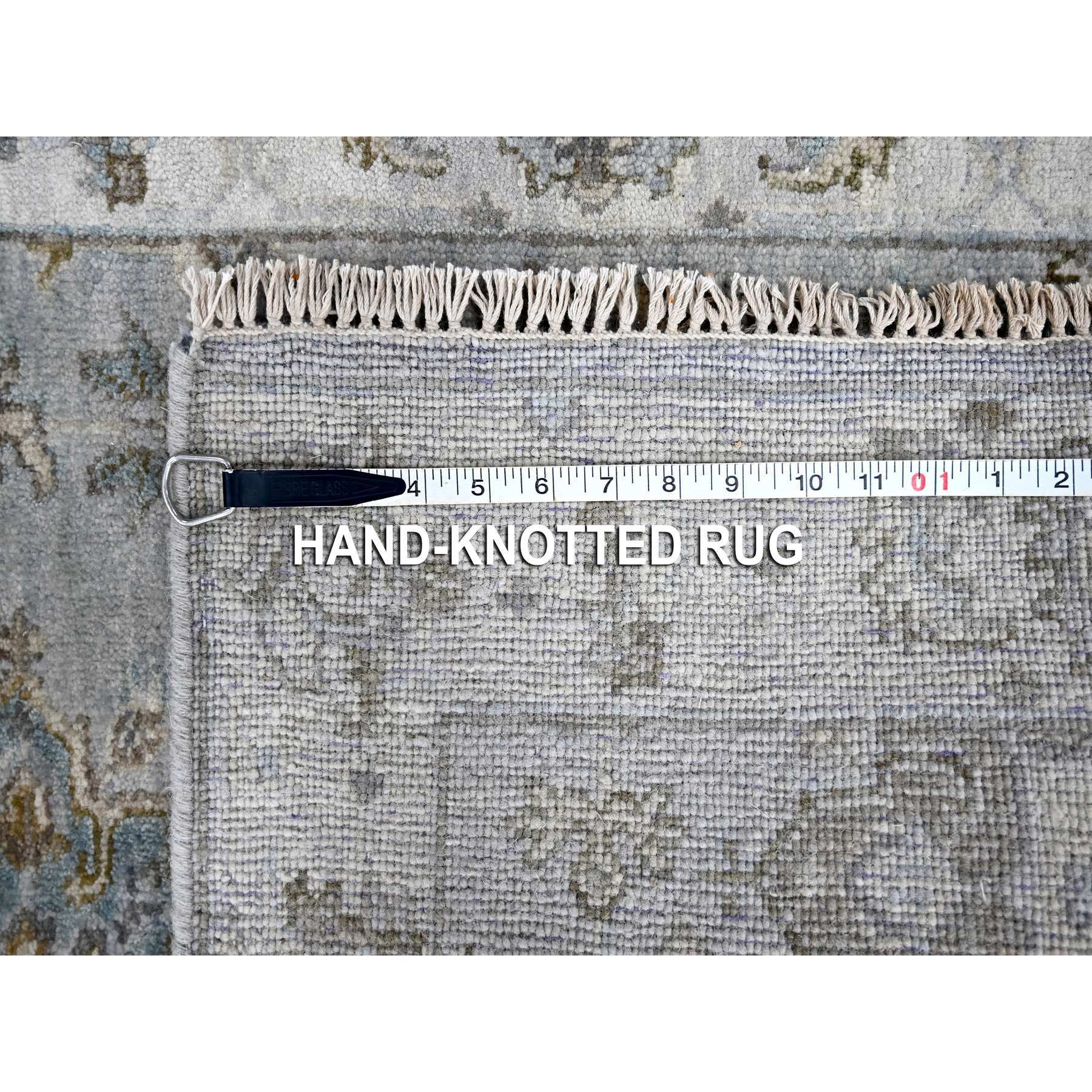 2'8"x27'9" Rock Ridge Gray With Alabaster White Border, Soft Pile and Velvety Wool, Natural Dyes, Hand Knotted Karajeh Geometric Design, Oriental XL Runner Rug HR84982 - Image 8
