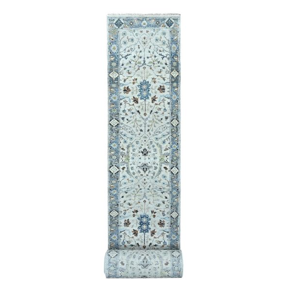 2'6"x30'4" Argos Gray, Soft and Shiny Wool, Densely Woven, Hand Knotted Oushak All Over Floral Design, Natural Dyes, XL Runner Oriental Rug HR84983